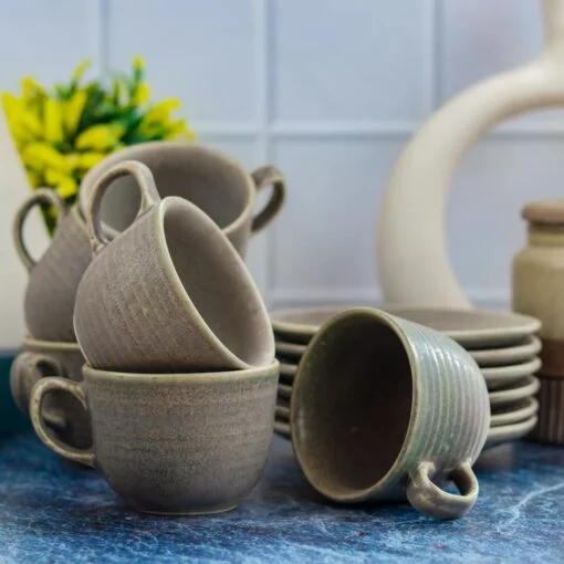 Handmade Khurja Ceramic Tea Cups with Plates Set