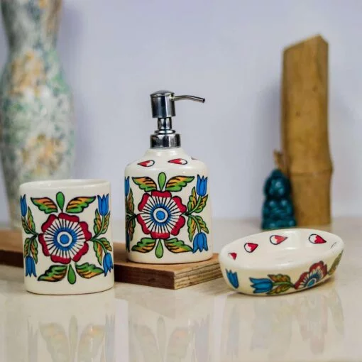 Handpainted Khurja Ceramic Bathroom 3pc Set Khurja Pottery Hub