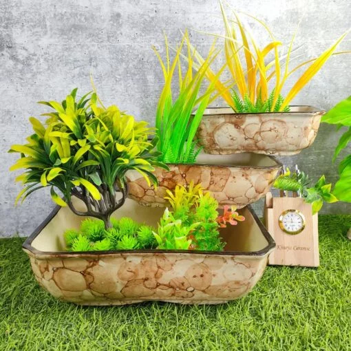 Khurja Pottery Stone Design Bonsai Ceramic Pot 3pc Set