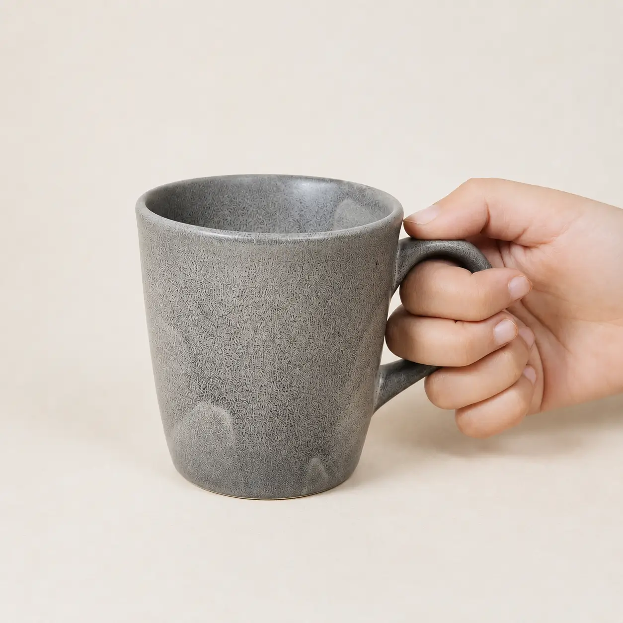 Matt Grey Ceramic Coffee Mug in Hand