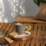 Matt Grey Ceramic Coffee Mug in Rustic Coffee Table