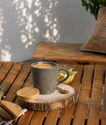 Matt Grey Ceramic Coffee Mug in Rustic Coffee Table