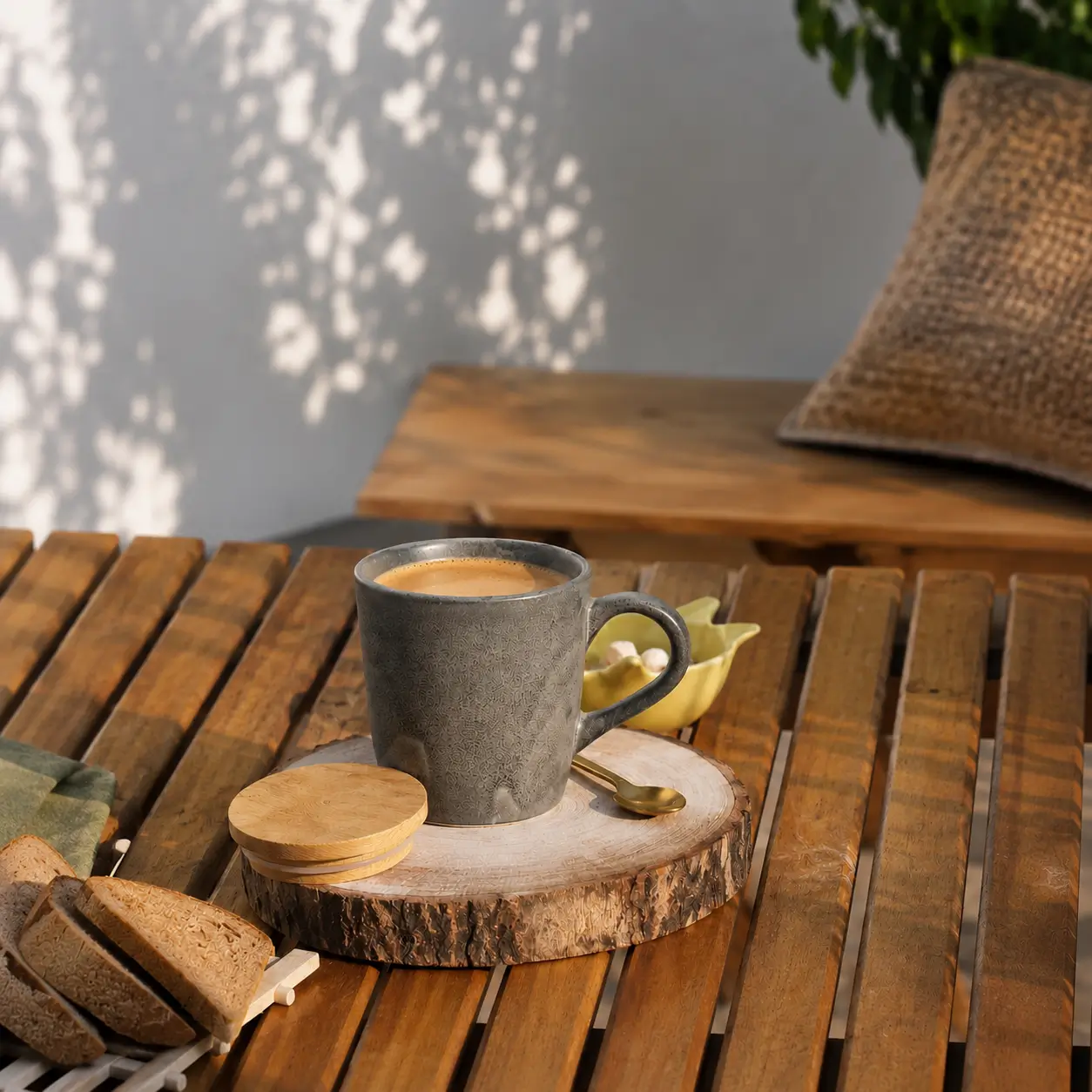 Matt Grey Ceramic Coffee Mug in Rustic Coffee Table