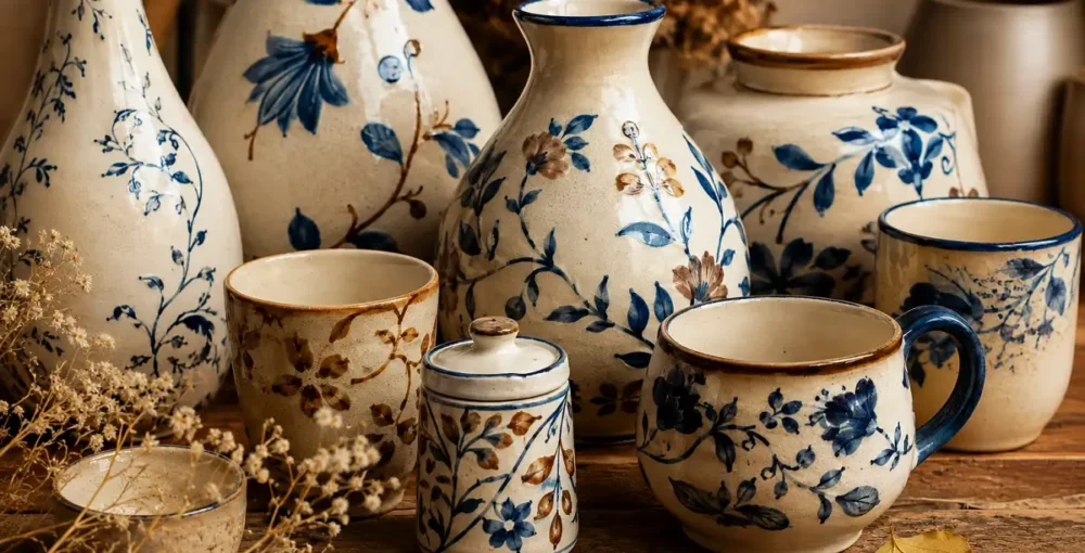 Collection of authentic handmade Khurja pottery with blue and brown floral motifs on a cream glaze
