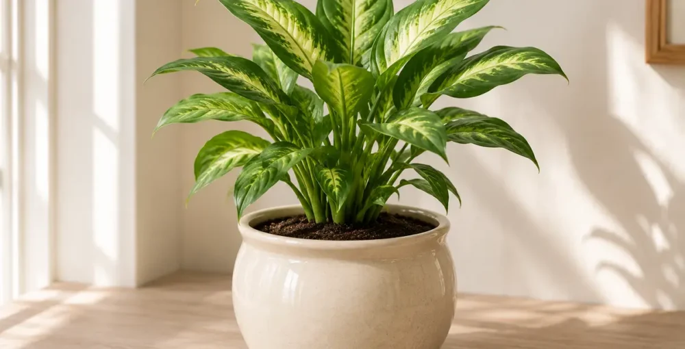 Plant potted in a ceramic planter with the correct one to two inch space around the root ball