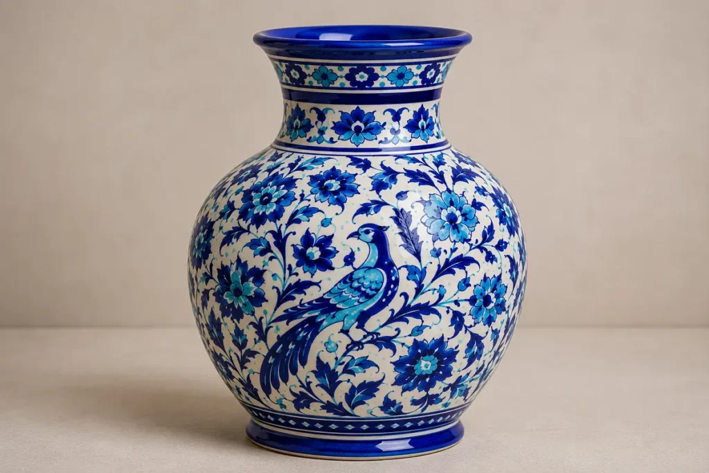 Jaipur blue pottery vase in cobalt and turquoise with traditional Persian-style motifs