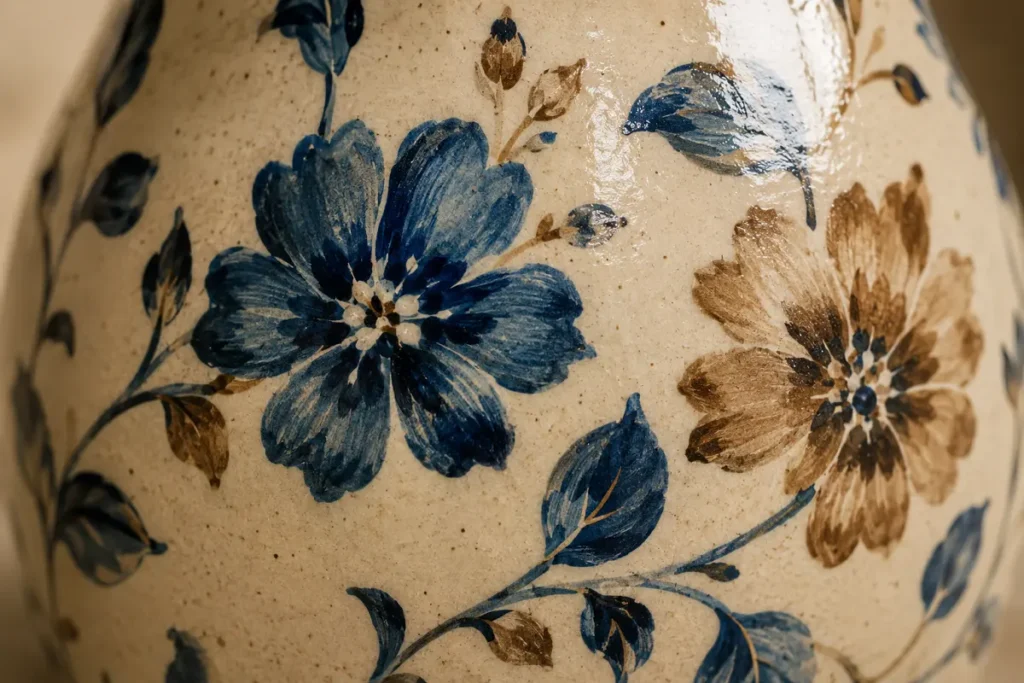 Khurja pottery hand-painted with blue floral motifs on a cream glazed surface