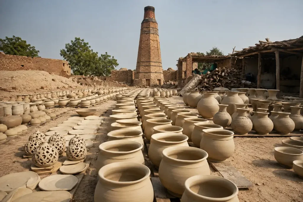 Rows of ceramic pots drying in a Khurja pottery workshop, India's Ceramic City
