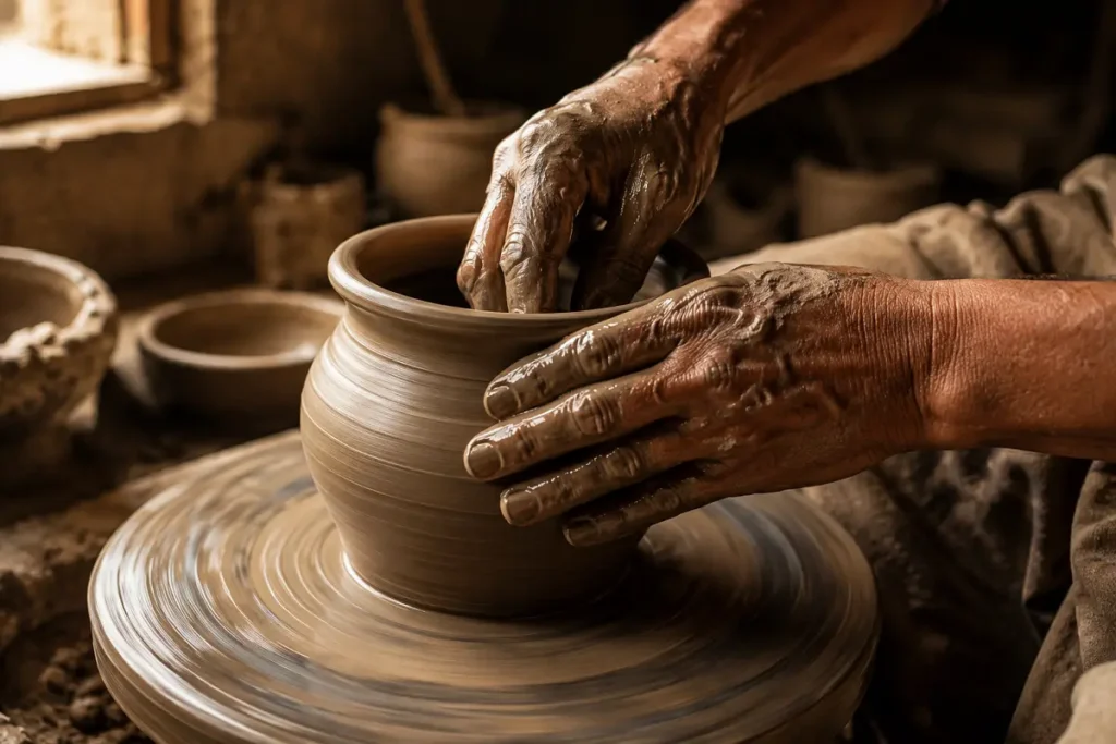Potter shaping clay on a traditional wheel, reflecting Khurja's centuries-old pottery heritage