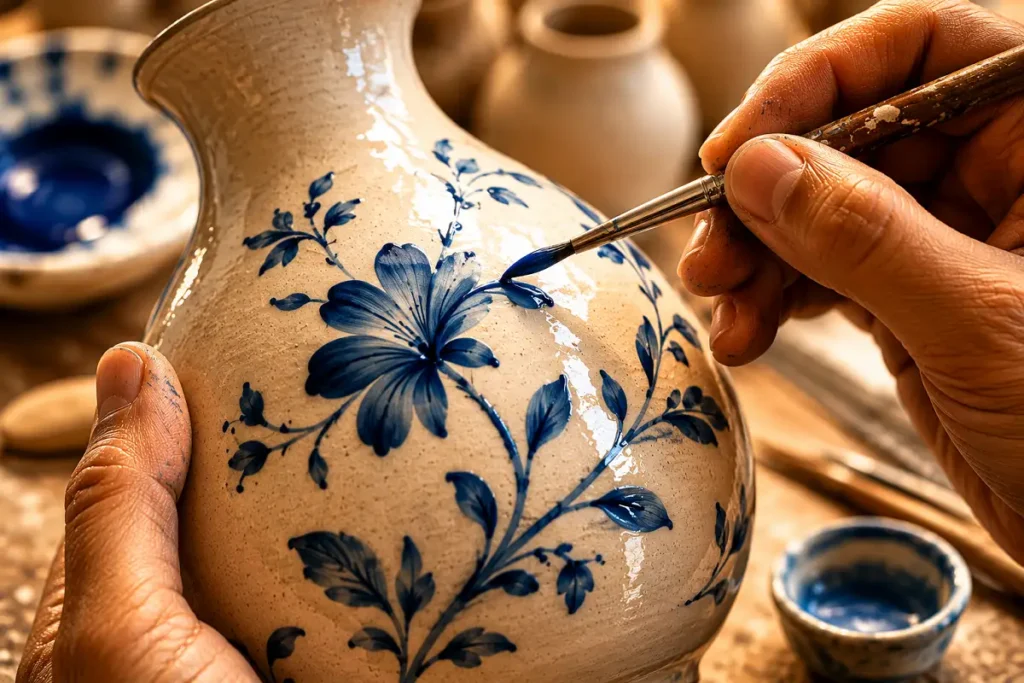 Artisan hand-painting a blue floral motif onto a cream Khurja ceramic, showing real handmade brushwork