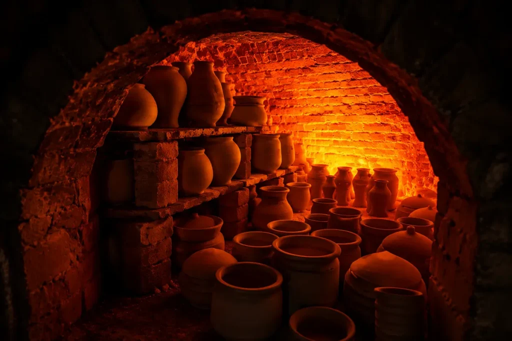 Glowing kiln firing ceramics in Khurja, part of the town's pottery industry
