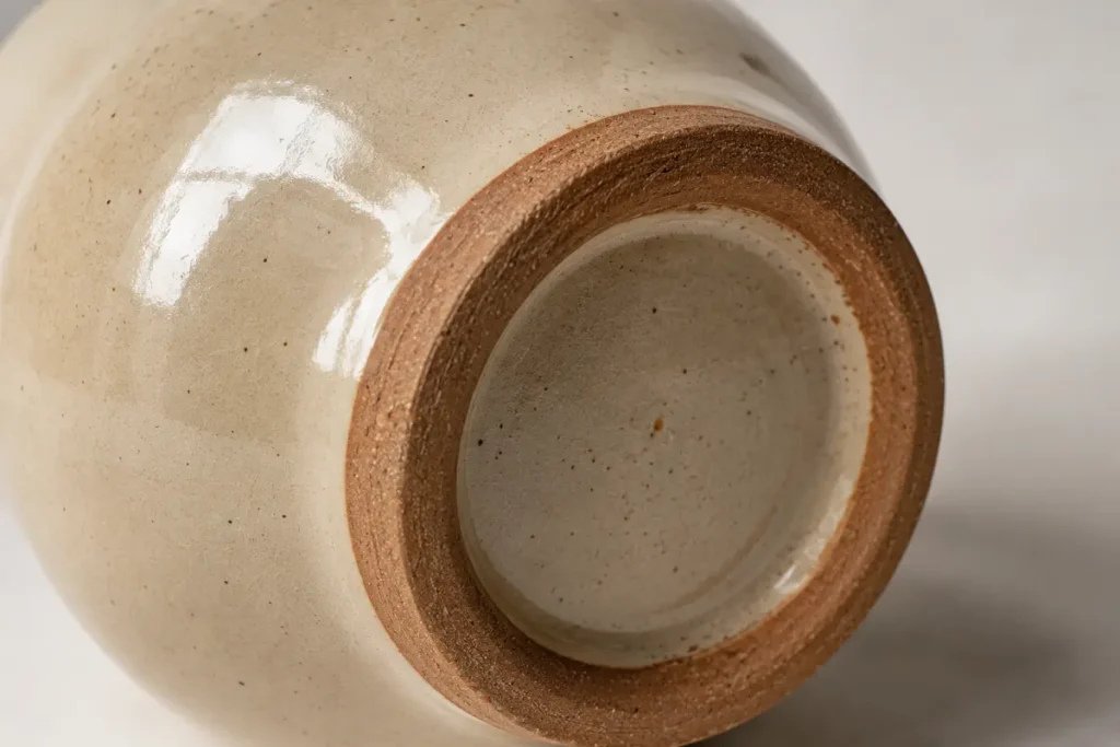 Underside of a Khurja ceramic pot showing the unglazed clay foot ring, a sign of genuine glazed stoneware