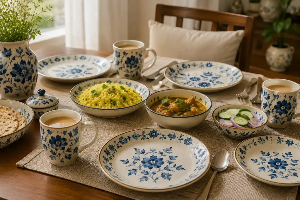 Khurja stoneware dinnerware with blue floral motifs set on a table for everyday use