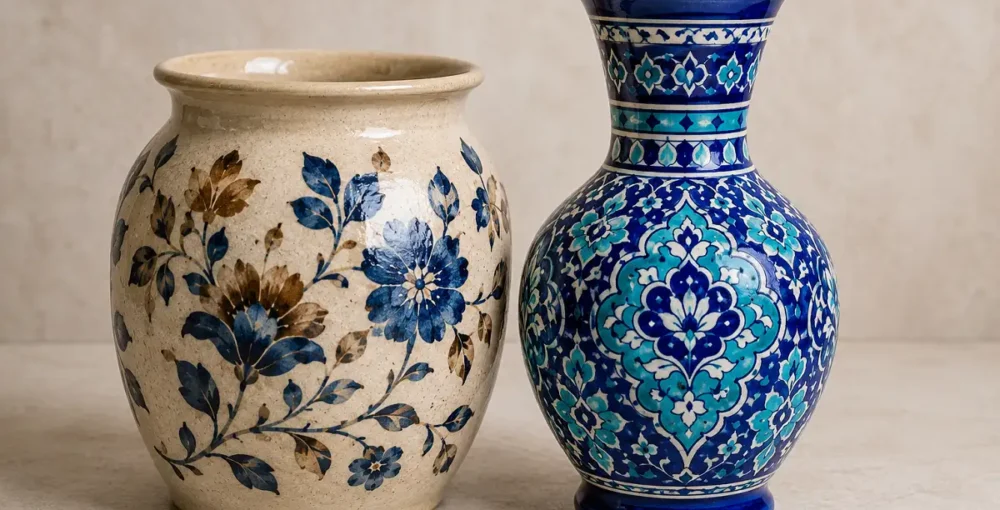 Khurja pottery and Jaipur blue pottery side by side showing their different blue styles