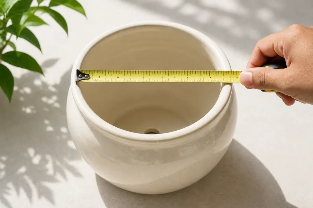 Measuring the diameter of a ceramic pot across the top rim