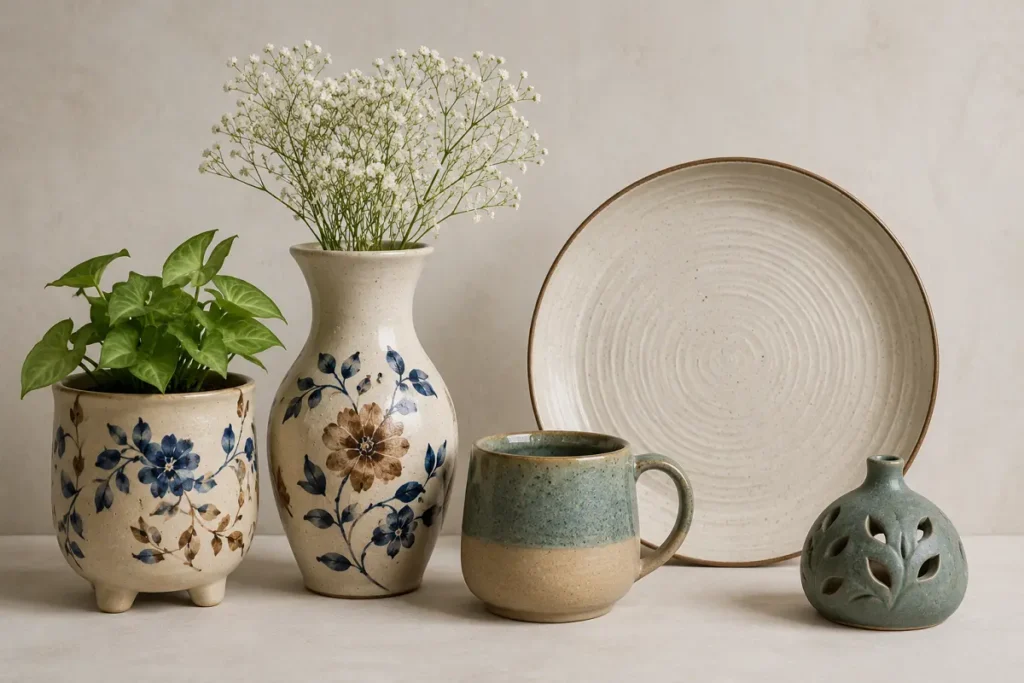 Range of modern Khurja pottery including planters, vases, mugs, and plates