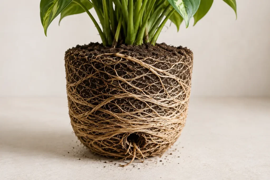 Root bound plant with roots circling and growing out of the drainage hole